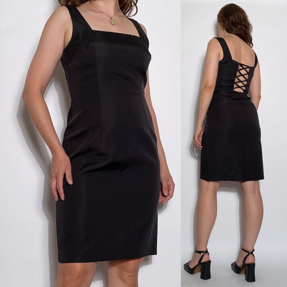 Vintage 90s Real SILK Little Black Dress with CRISS CROSS Open Back! Size 8